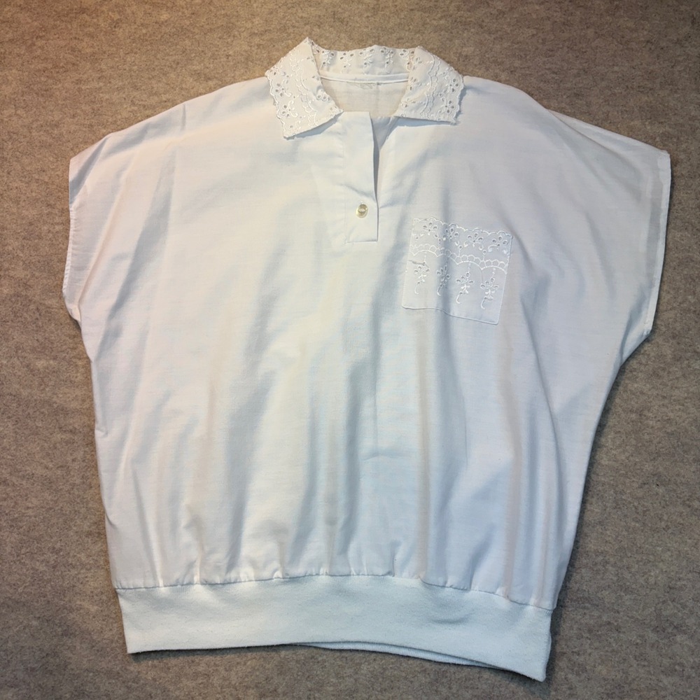 Vintage White Cotton Eyelet Collar Banded Waist Blouse Top Large